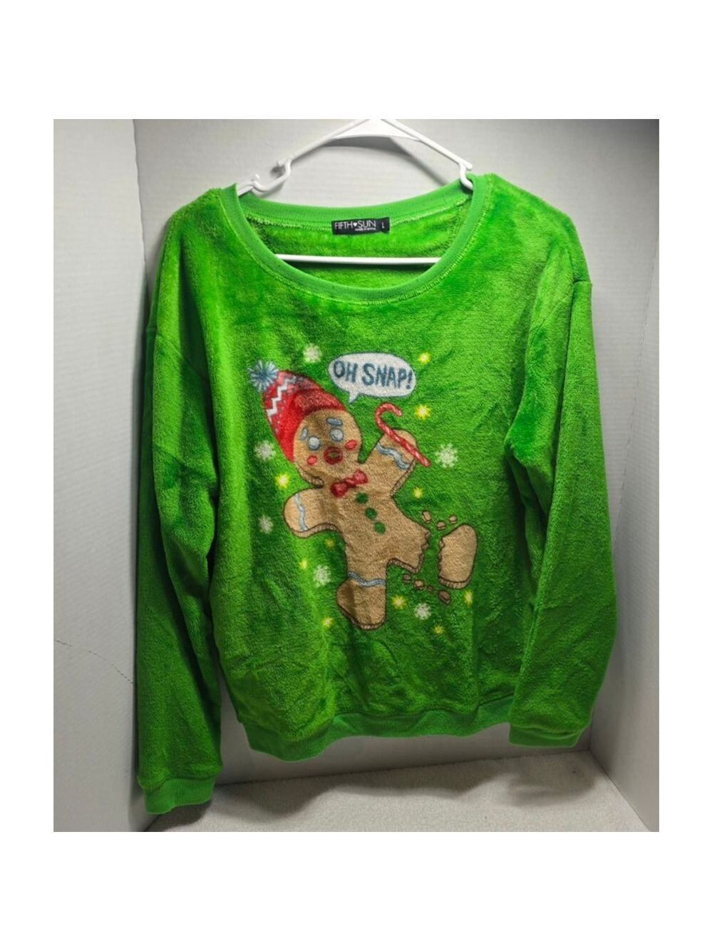 Women's Fifth Sun Green Gingerbread Man Christmas Crew Neck Sweater L